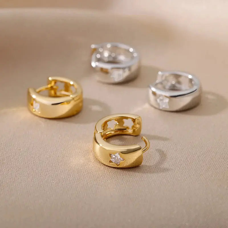 Zircon Star Hoop Earrings For Women Stainless Steel Gold Color Huggie Earrings Trendy Wedding Jewelry
