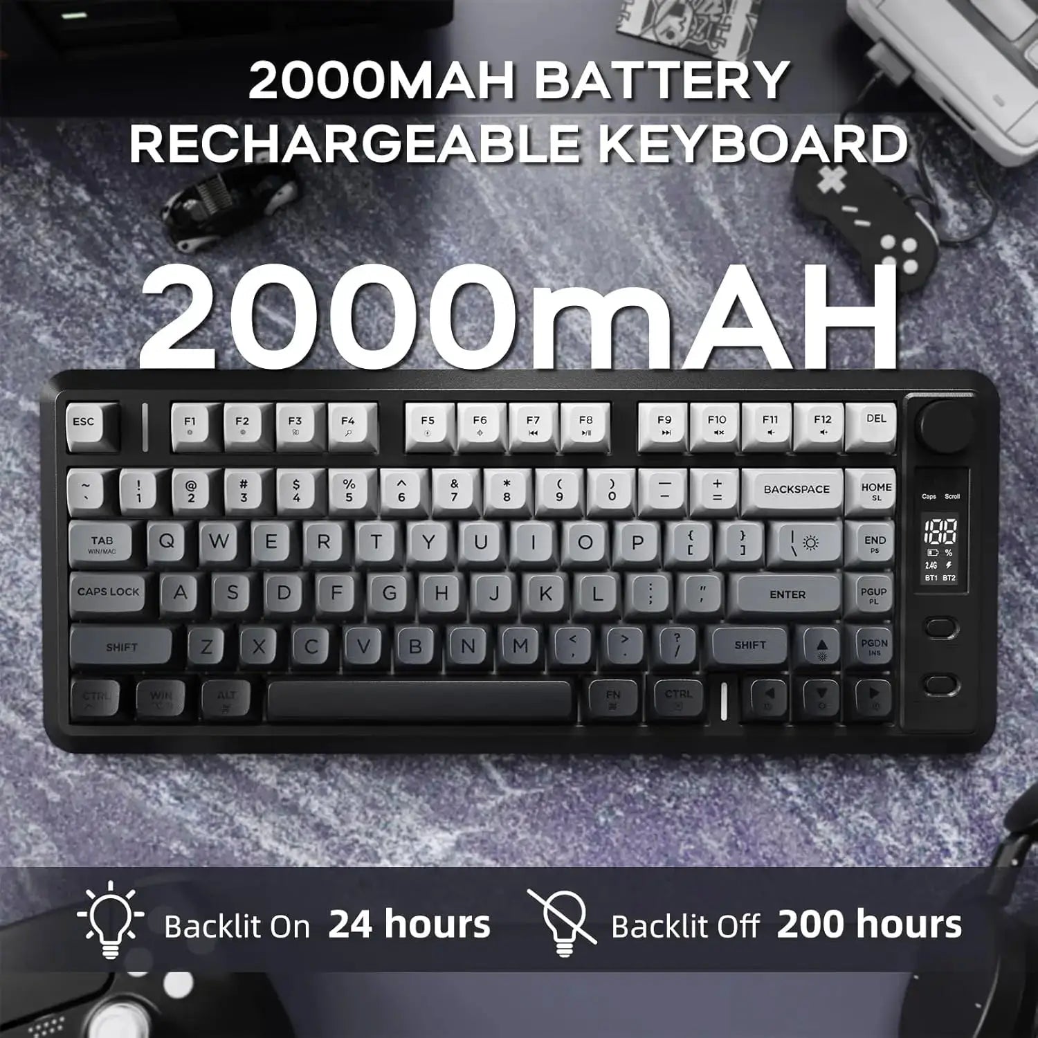ATTACK SHARK M75 wireless gaming keyboard with knob and OLED display, 2000mAh battery, gradient PBT keycaps