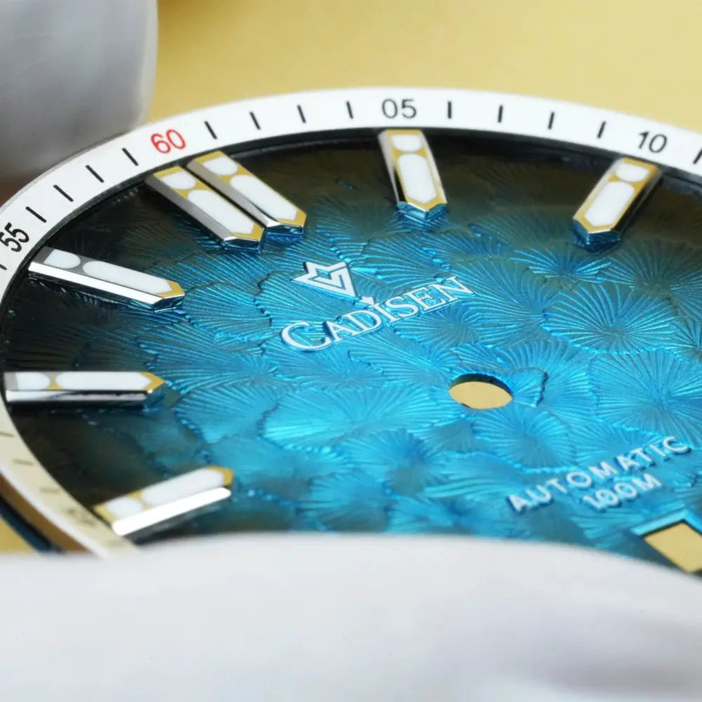 CADISEN automatic mechanical men's watch with blue textured dial and 100M water resistance