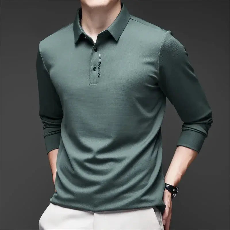 Men's sage green long-sleeve polo shirt by Simples Market with badge