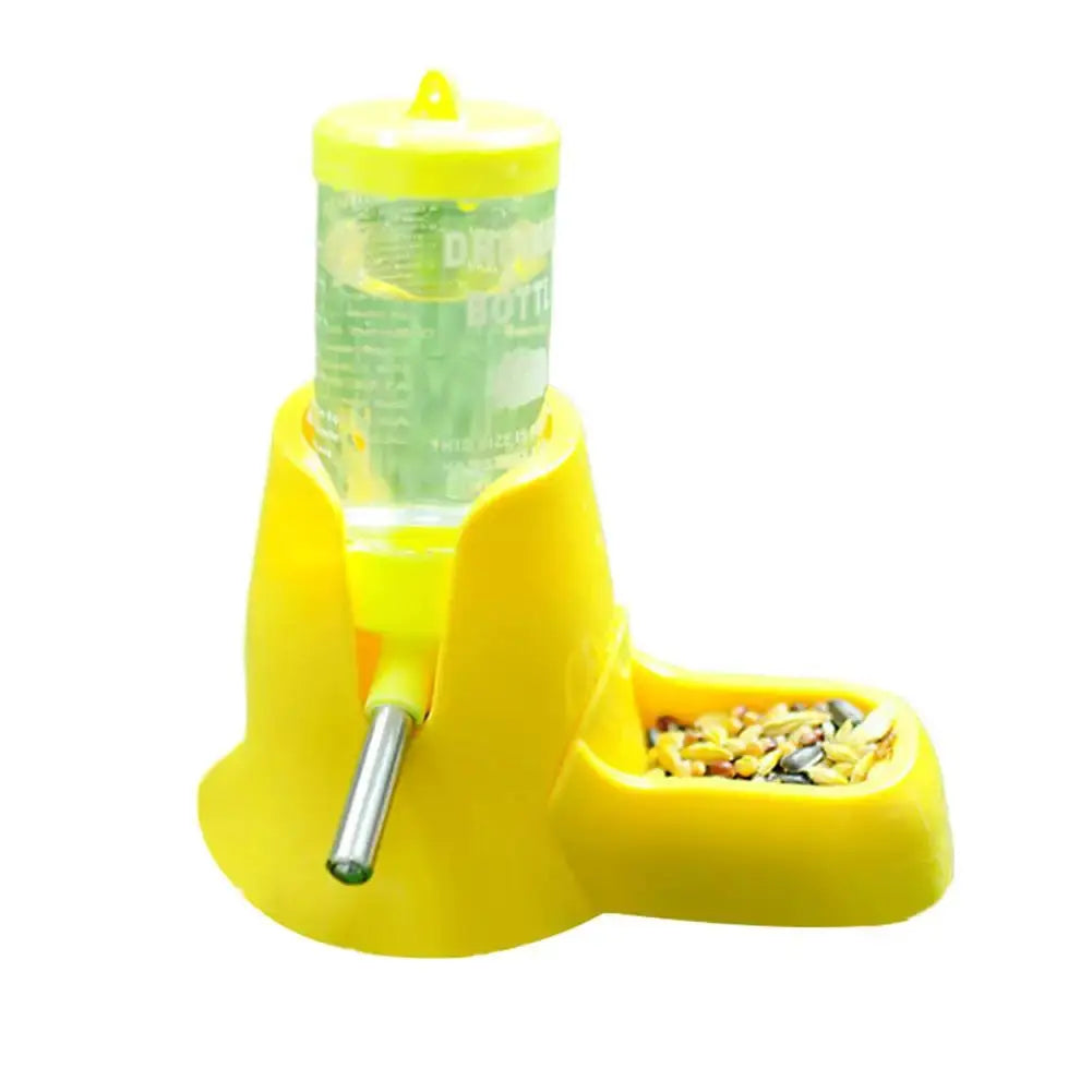 Yellow plastic hamster water feeder with automatic dispenser and seed bowl for small pets