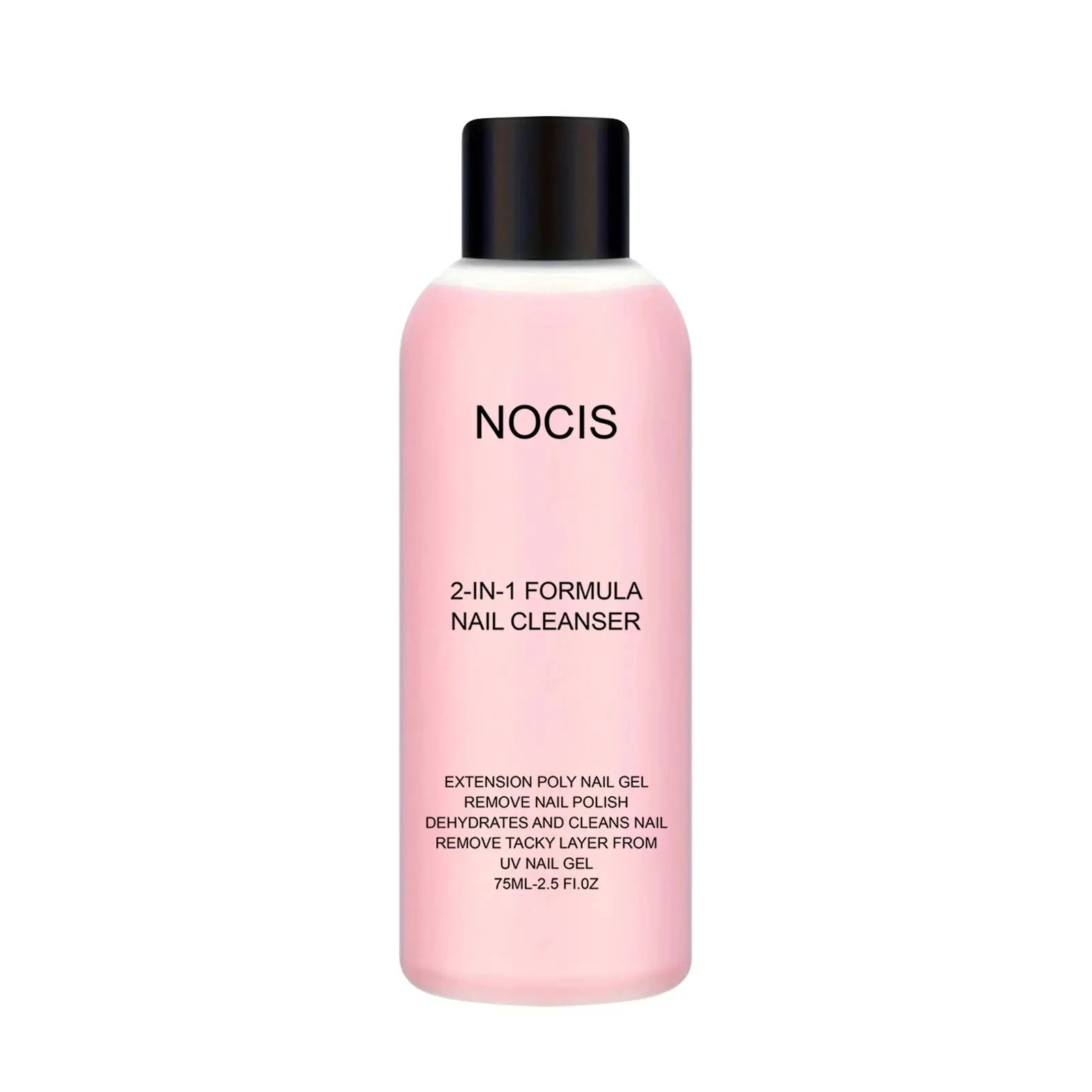 NOCIS 2-in-1 nail cleaner bottle with pink liquid and black cap