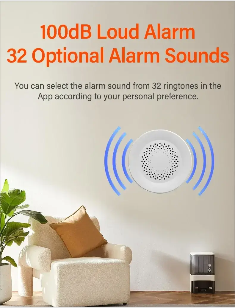Tuya Zigbee WiFi Smart Siren Alarm by Simples Market; white circular speaker with blue sound waves (100dB).