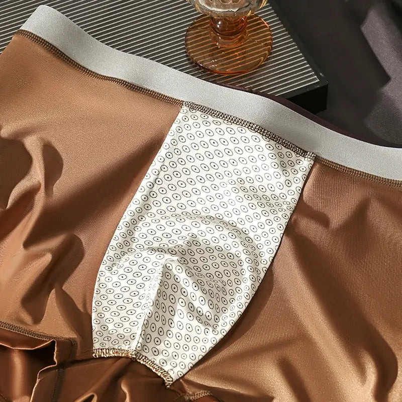 Men's boxer shorts in brown ice-silk fabric with a white patterned panel, breathable plus-size underpants.