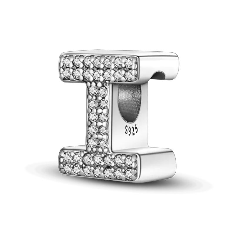 I-shaped alphabet charm for 925 sterling silver bangle with pavé CZ stones