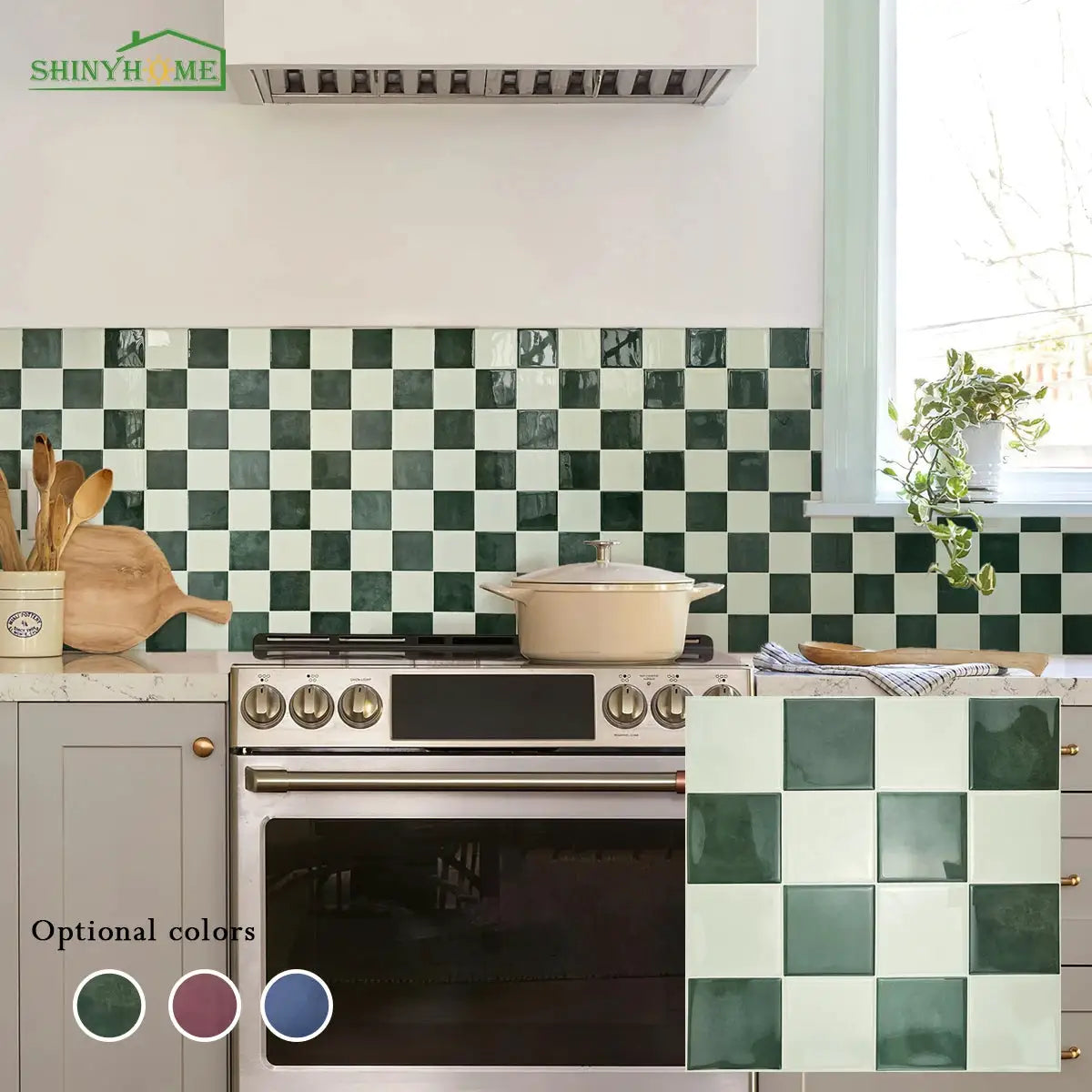 Simples Market self-adhesive 3D mosaic backsplash tiles, green-white checkerboard, 10.5-inch squares, 10/30-piece set.
