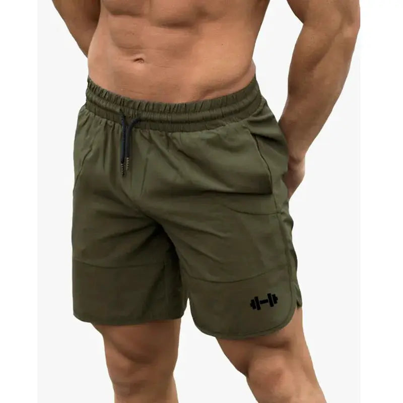 Men's olive green gym shorts by Simples Market with drawstring waist and side pockets, logo on leg.