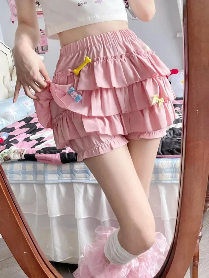 MEXZT Y2K Sweet Ruffles Mini Skirt, pink layered A-line high-waist with bow accents.