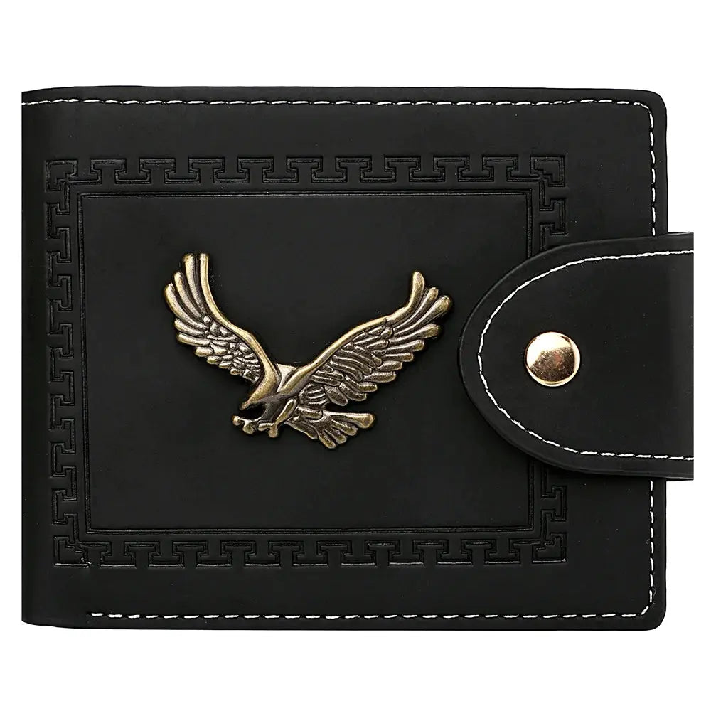 Men's PU leather folding wallet with gold eagle emblem, black with white stitching; Simples Market.