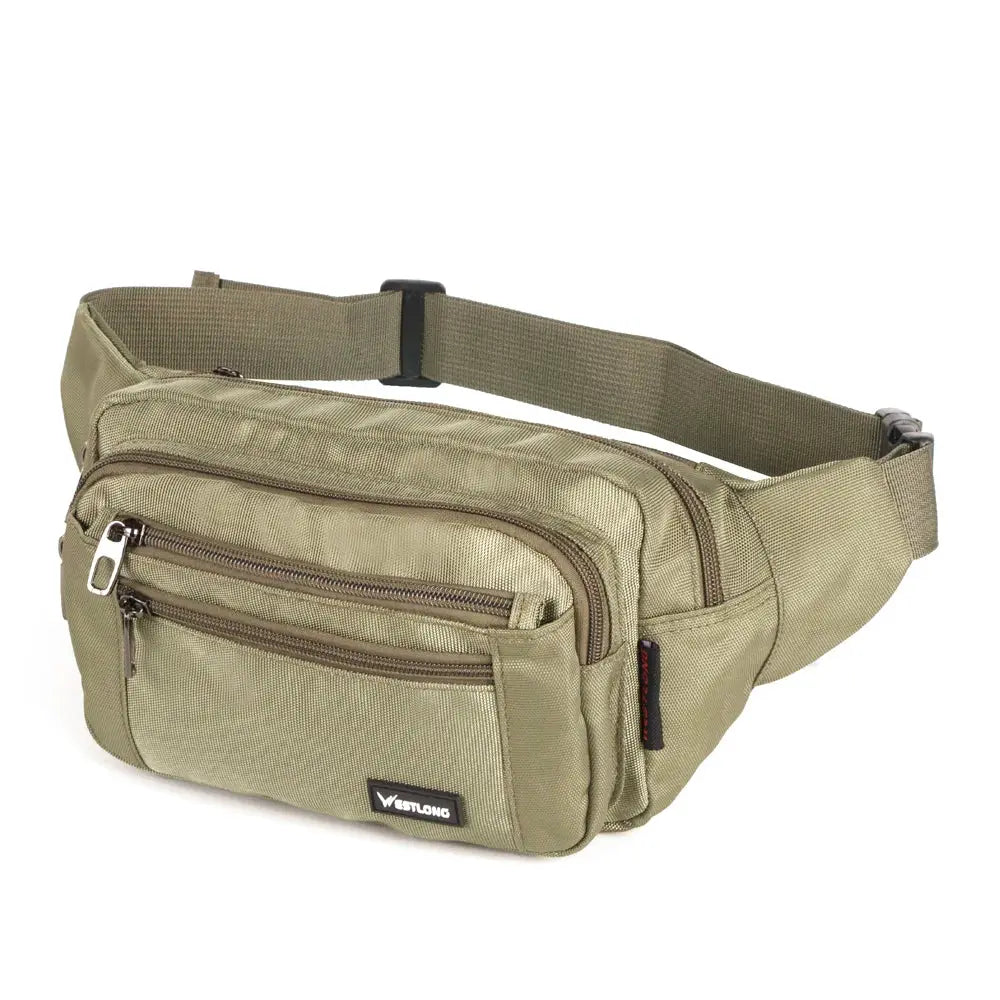 Westlong olive nylon waist pack with multiple zip pockets and an adjustable strap