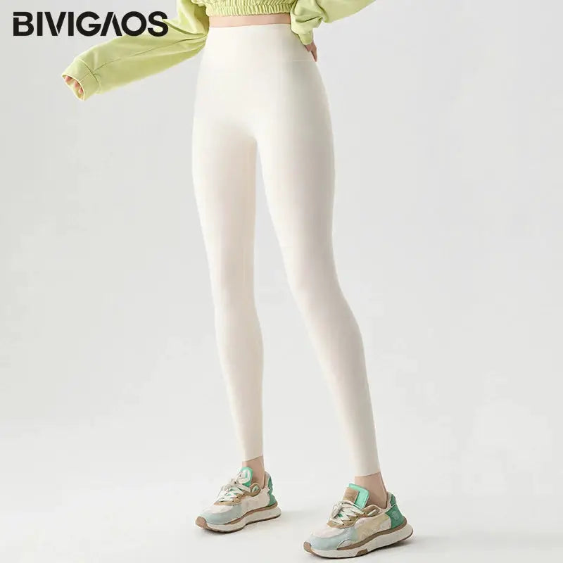 BIVIGAO white seamless sharkskin leggings for women, slim-fit athletic pants