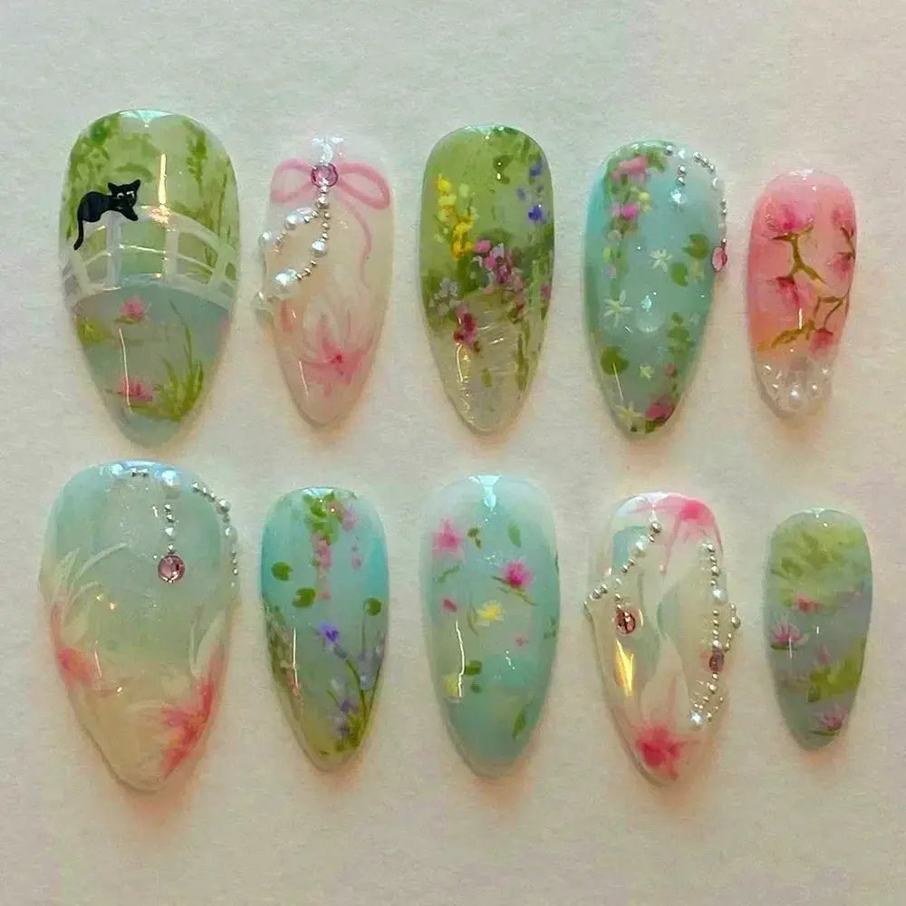 Glamora French Almond False Nails 24 Piece Press On Stiletto Tips With White Edge Design Glue Included For Wearable Glam