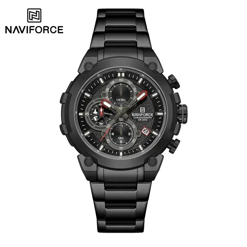 NAVIFORCE men's black stainless steel chronograph watch with skeleton dial, military style, 3ATM water resistant.