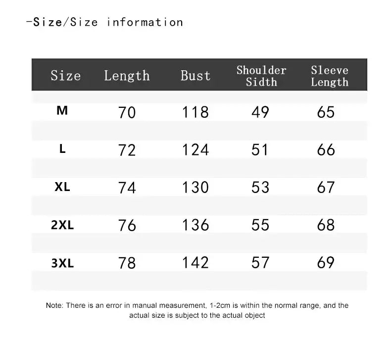 Men's hooded jacket size chart with length, bust, shoulder width and sleeve length (M–3XL).