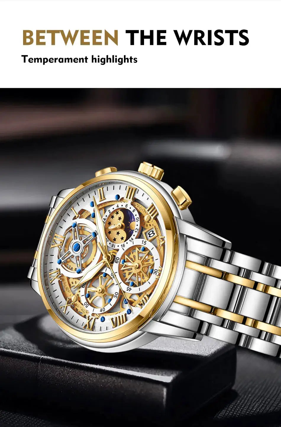 LIGE men's skeleton chronograph wristwatch with a two-tone silver and gold stainless steel band and exposed gears.