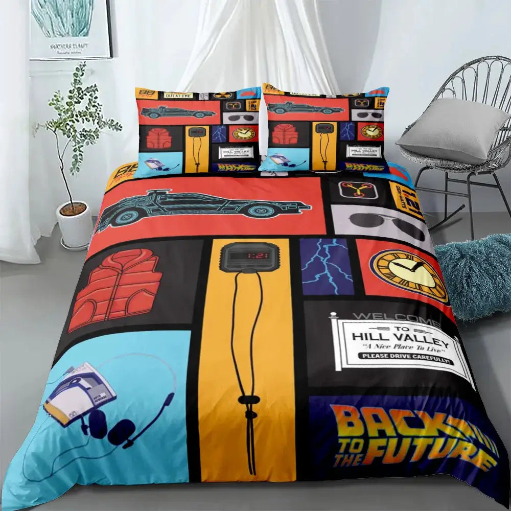 Strange duvet cover set with multicolor retro panels and car graphics, includes two pillowcases.