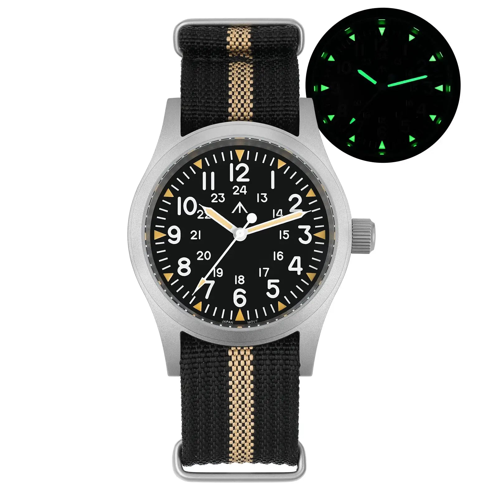Militado ML05 Vintage Watch, black dial, fabric strap with tan stripe, 38mm case, luminous hands