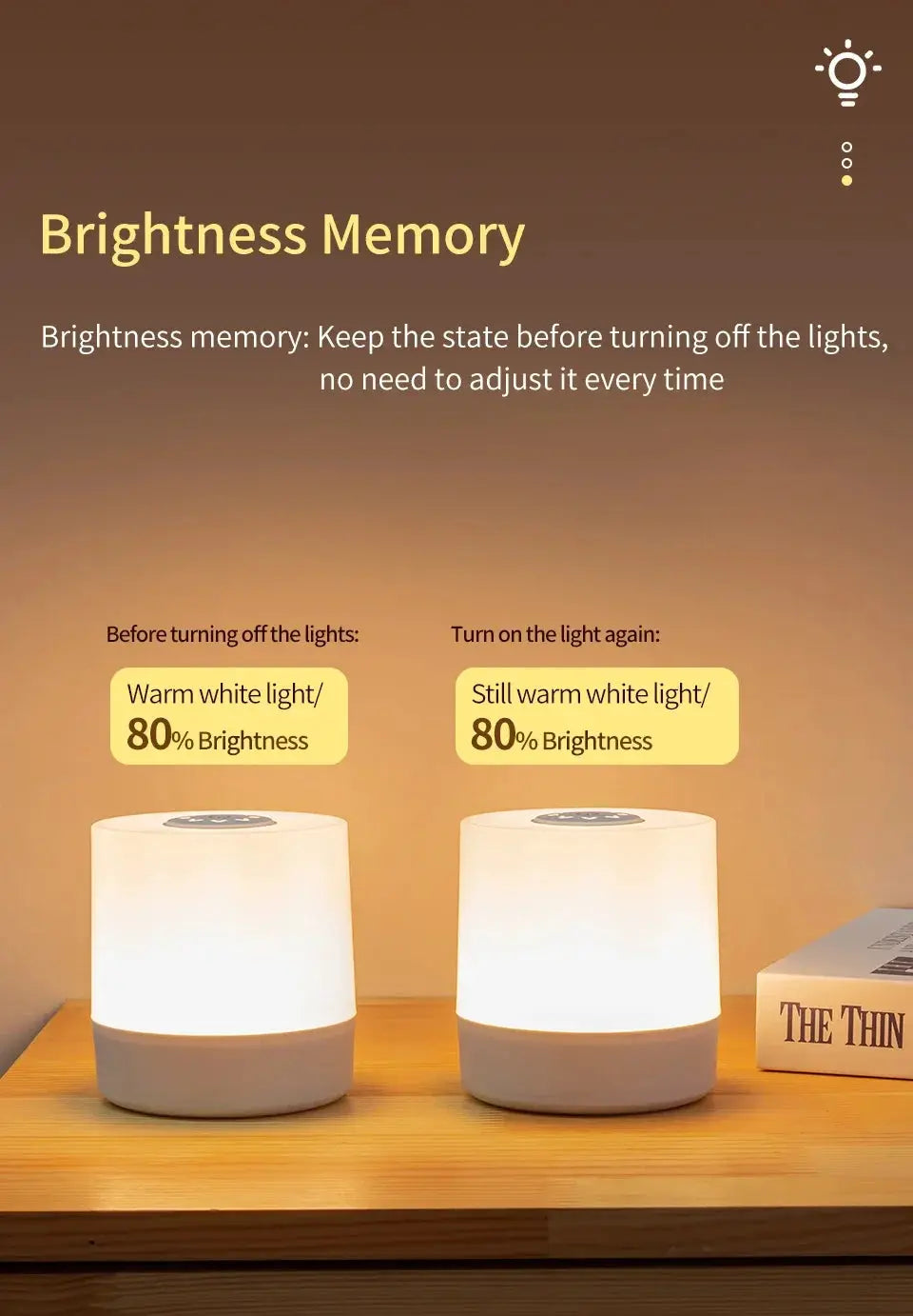 Two white bedside LED touch night lamps on a wooden desk, emitting warm white light; book sits beside.
