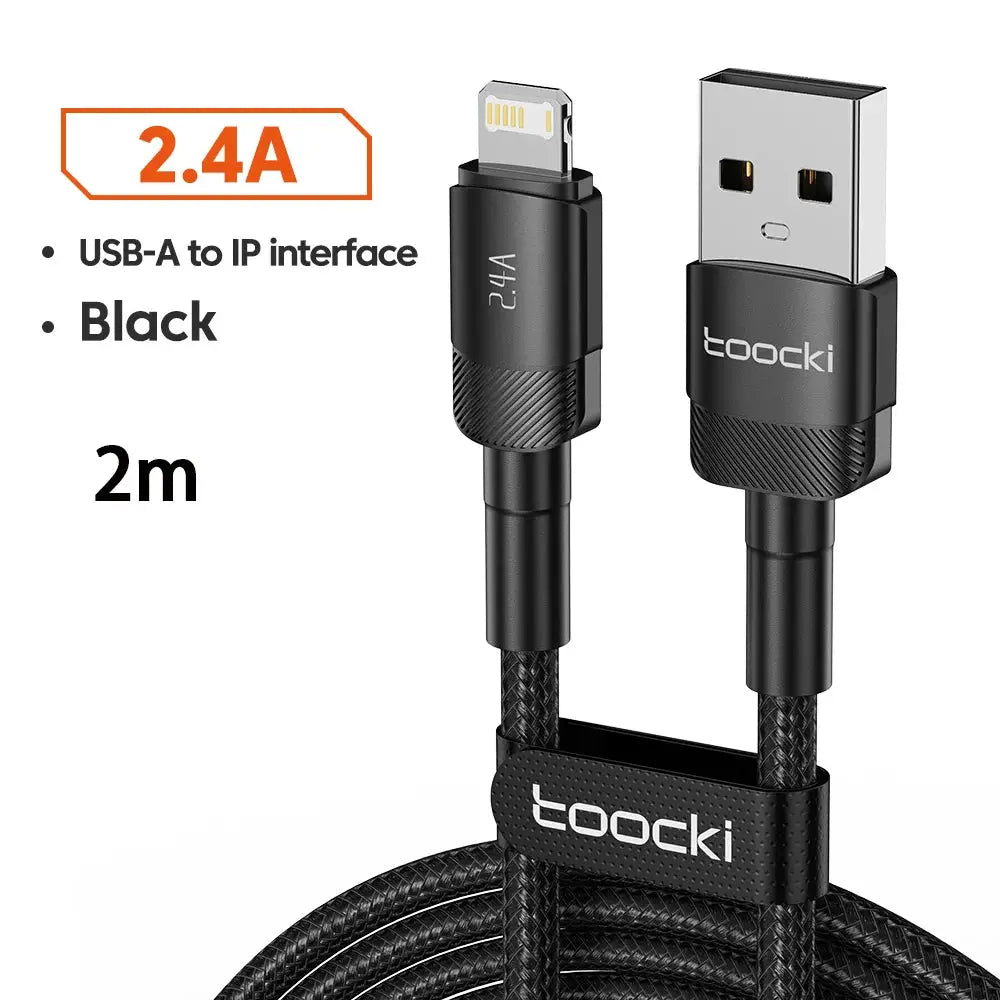 Toocki USB-A to Lightning charging cable, 2m, black braided with aluminum connectors
