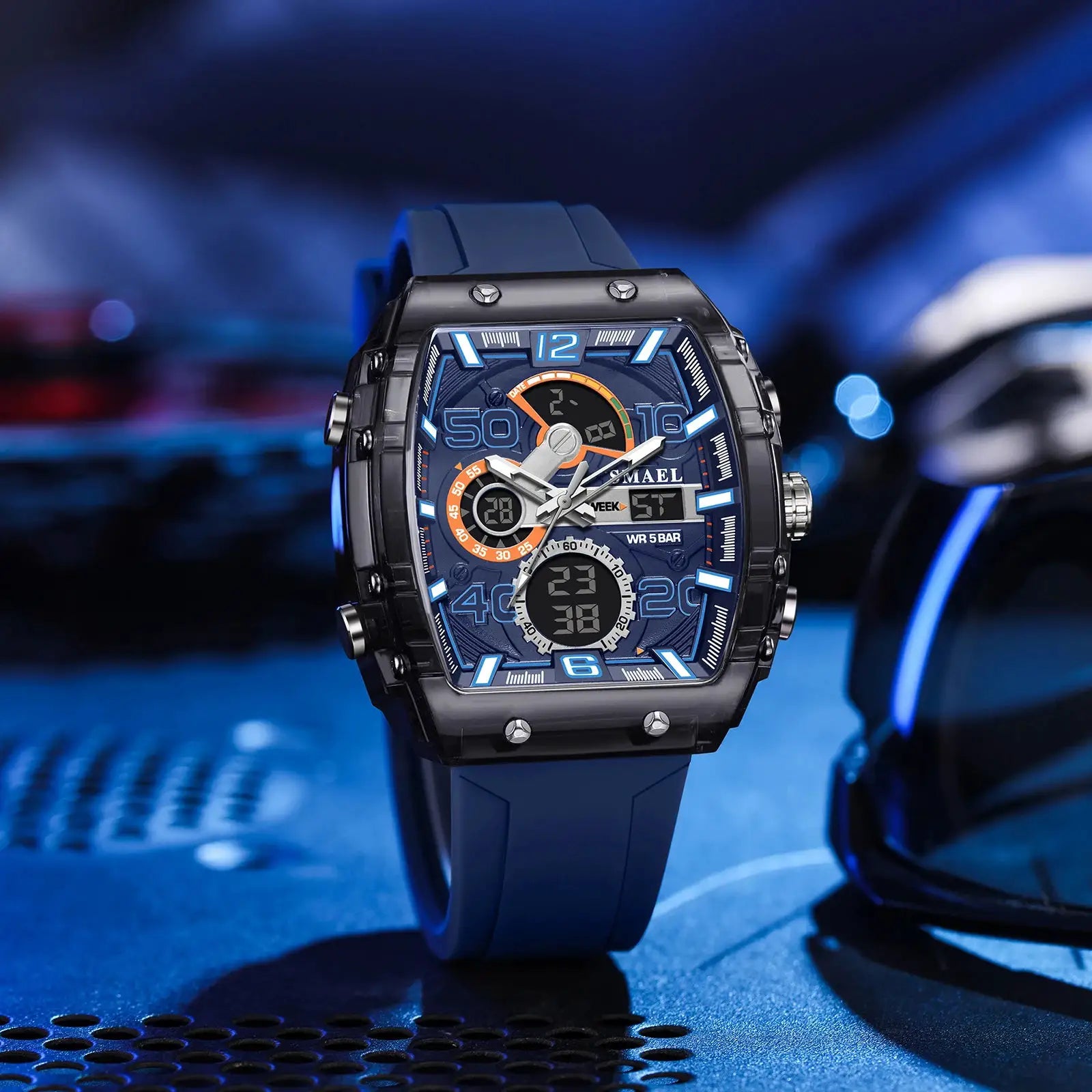 SMAEL 8109 square men's sport watch with blue dial and silicone strap; dual display, luminous, 50m water resistant.