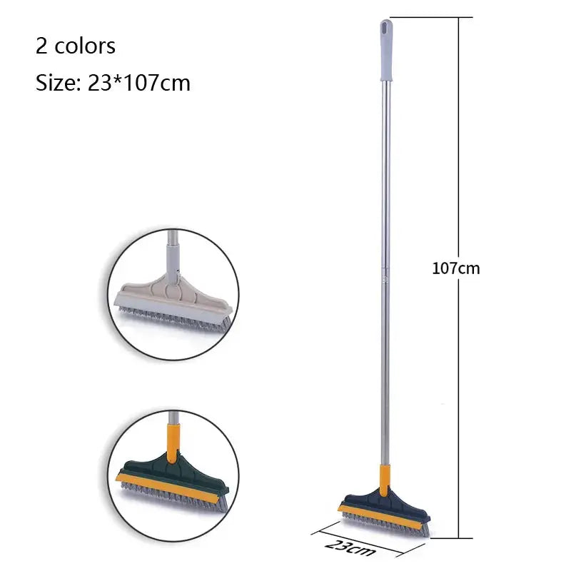 Bathroom floor brush by Simples Market, long 107 cm handle with 23 cm head; two color options gray and orange-yellow.