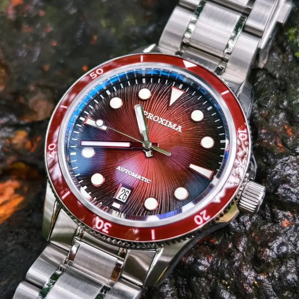 Proxima dive watch, 39mm, red bezel, luminous gradient dial, stainless steel bracelet, automatic, 100m WR
