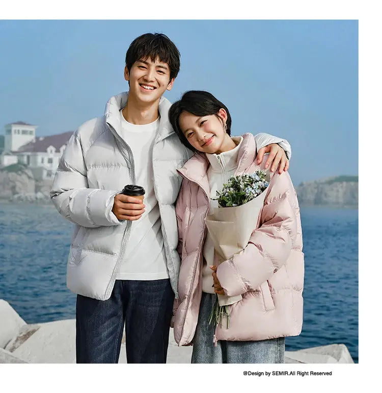 Semir down jackets by Simples Market; light short puffer coats for couples in white and pink.