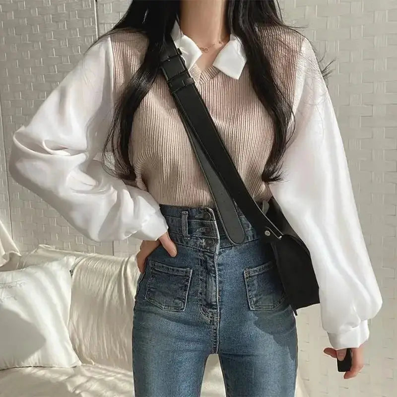 Summer Blouse For Women Korean Style False Two Piece Polo Collar Blouses Y2K Tops Streetwear Loose Fit Elegant Shirt