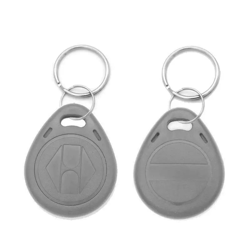 Two gray EM4305 125kHz RFID key fobs with metal rings for access control