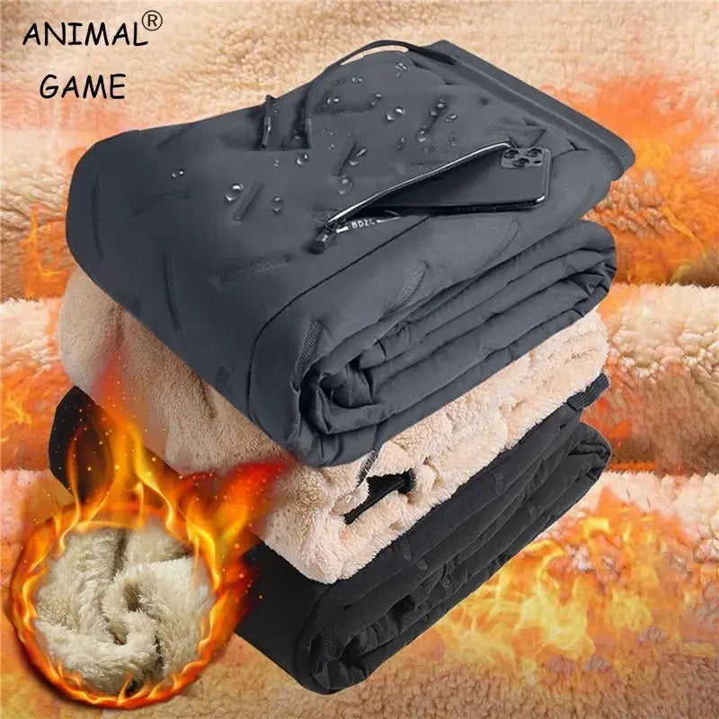 Mens Winter Sweatpants With Plush Thick Fleece Lining Lambswool Thermal Trousers Waterproof Windproof Warm Casual Pants
