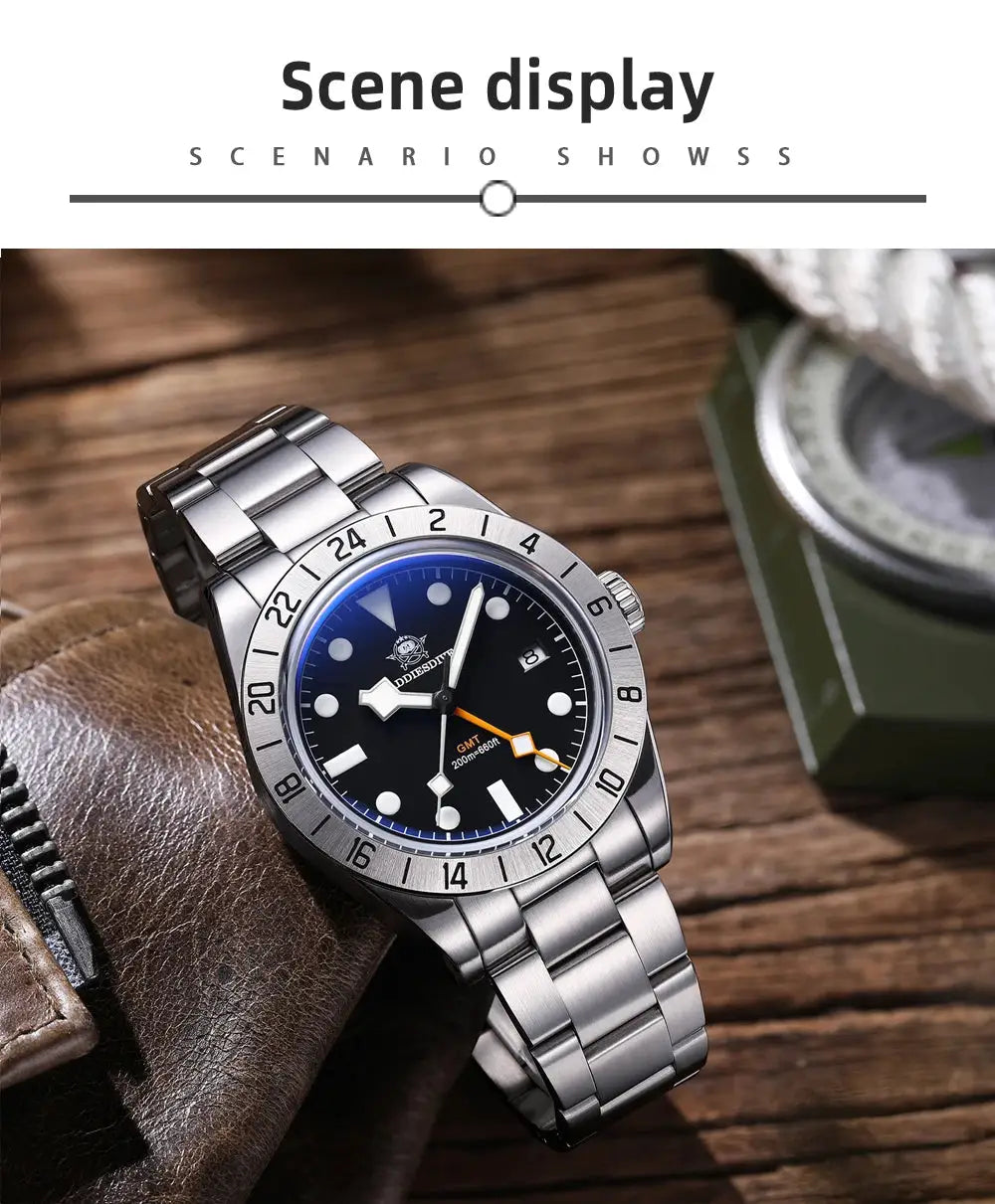 ADDIESDIVE GMT watch, stainless steel bracelet, 39mm case, black dial, men's, 24h bezel, 20 bar water resistant