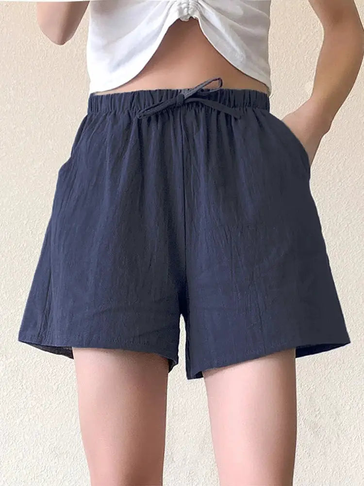 ITOOLIN women's casual linen shorts, navy blue high-waisted with drawstring, Simples Market