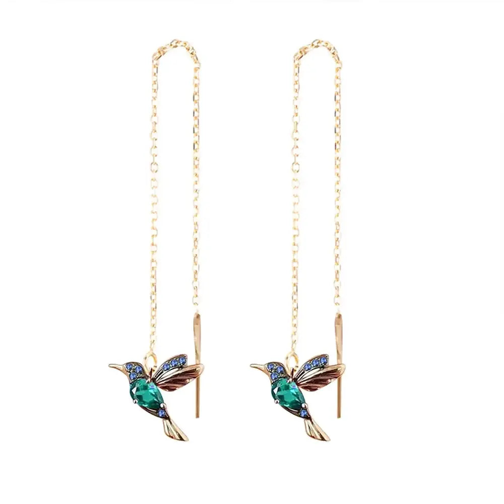 Hummingbird Red CZ Long Drop Earrings For Women Gold Tone Metal Wing Spreading Wedding Party Jewelry