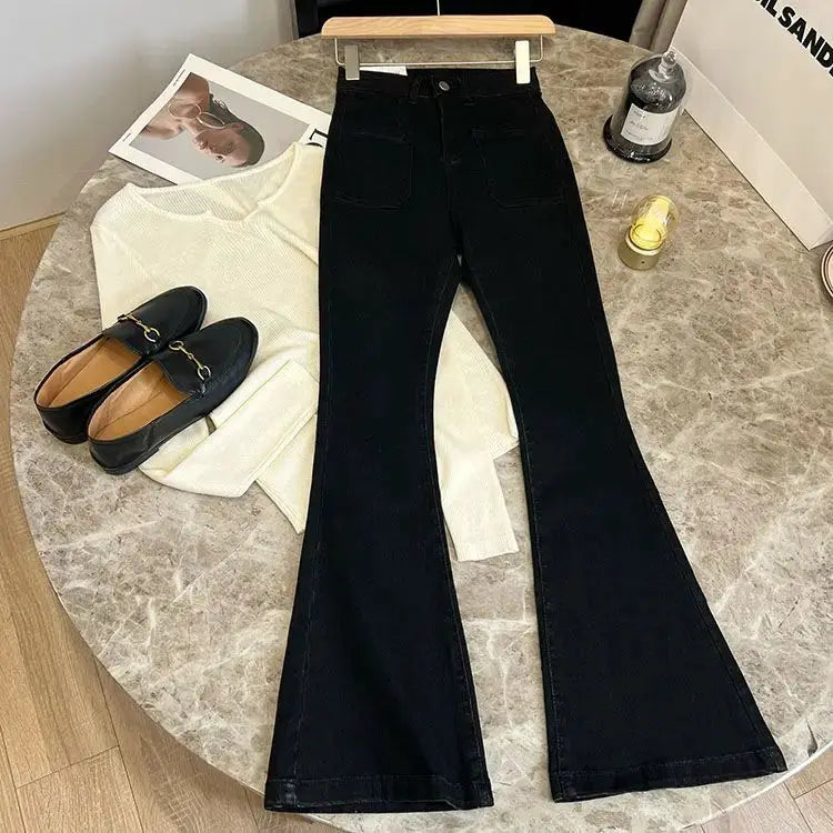 High Waist Loose Jeans Pockets Vintage Washed Denim Flare Trousers