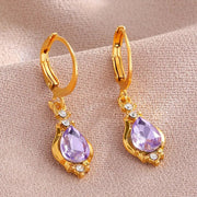 ZAKOL Vintage Shiny Purple Crystal Water Drop Hoop Earrings For Women Boho Long Dangle Jewelry Gift - Simples Market