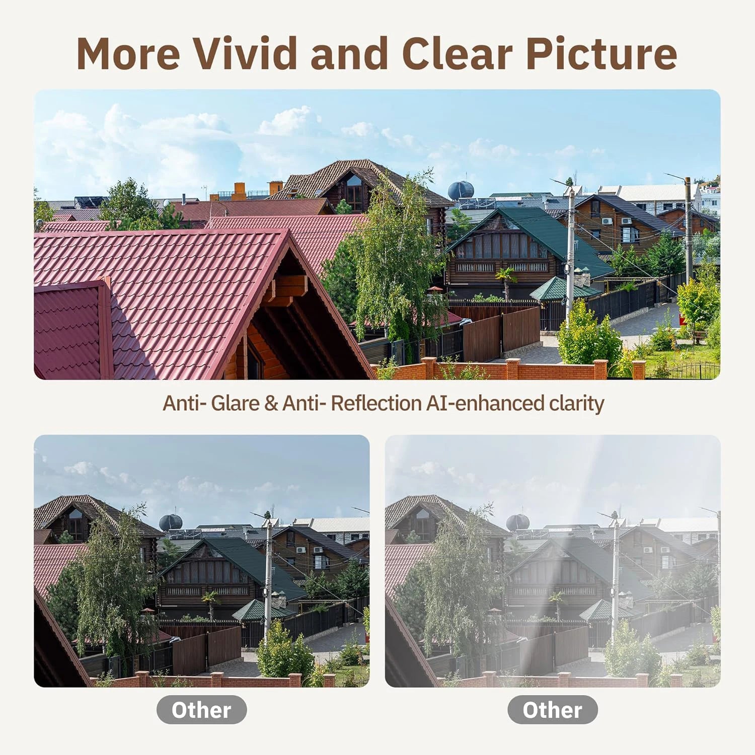 HEIYOUCAM Window Camera ad by Simples Market showing a suburban neighborhood with red-tiled roofs and Other comparison panels