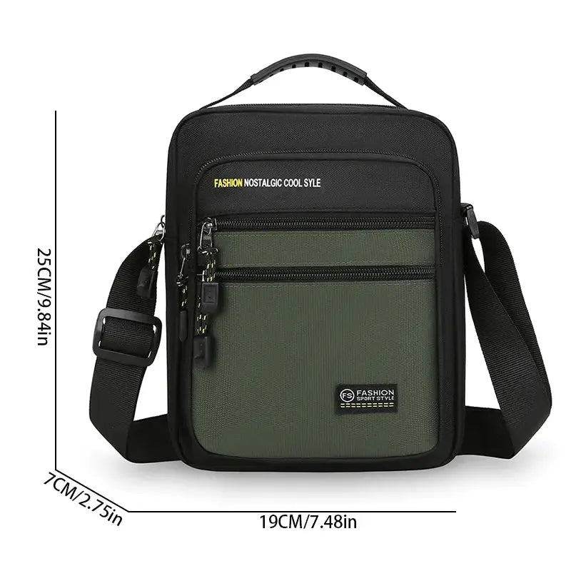 New Fashion Oxford Men Crossbody Bag Simples Market, black with olive-green front panel and multiple zip pockets.