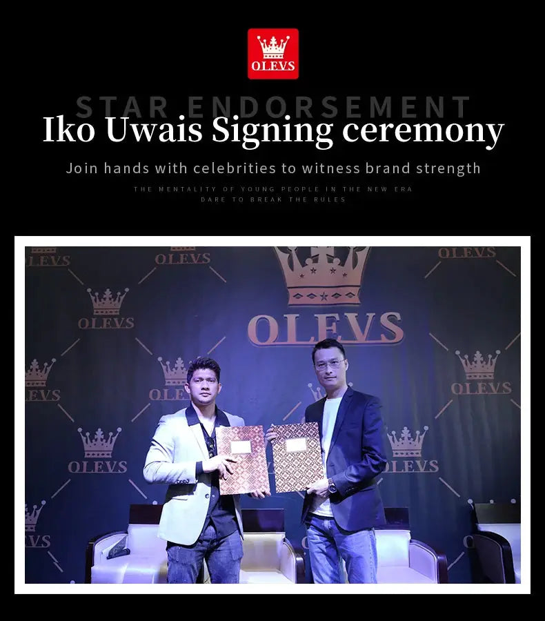 OLEVS Classic men's watches promo event backdrop with brand logo; two men in suits hold certificates.