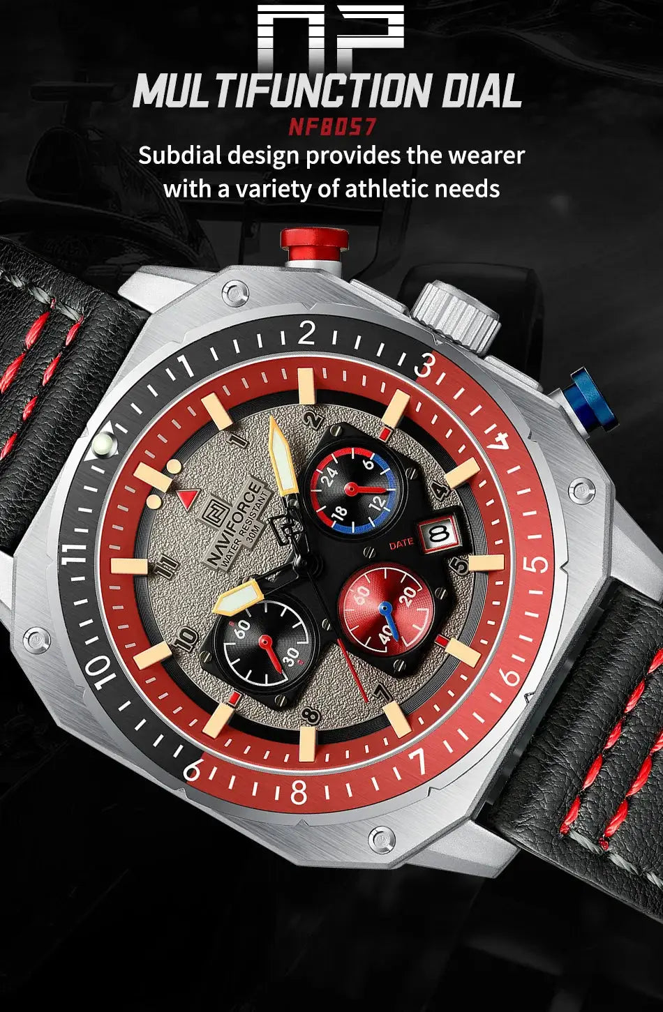NAVIFORCE men's multifunction waterproof wristwatch with red bezel and black leather strap