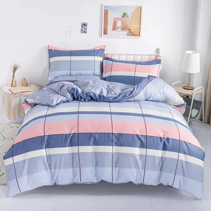 3-piece 100% cotton striped duvet cover set in pastel blue, pink and white; includes 1 duvet cover and 2 pillowcases