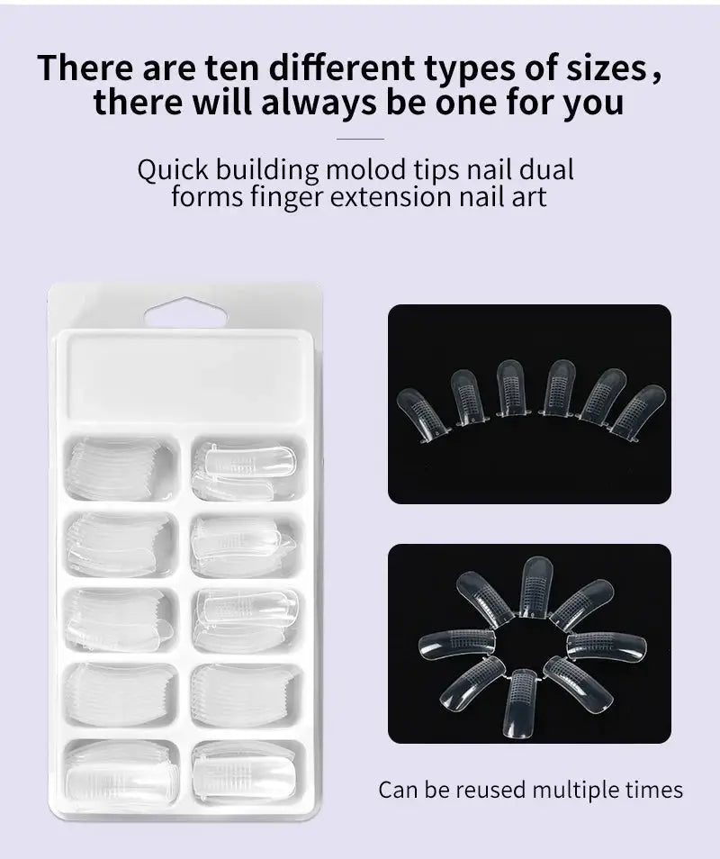 Nail gel extension kit with clear tips in a white plastic tray; reusable curved tips shown on black cards
