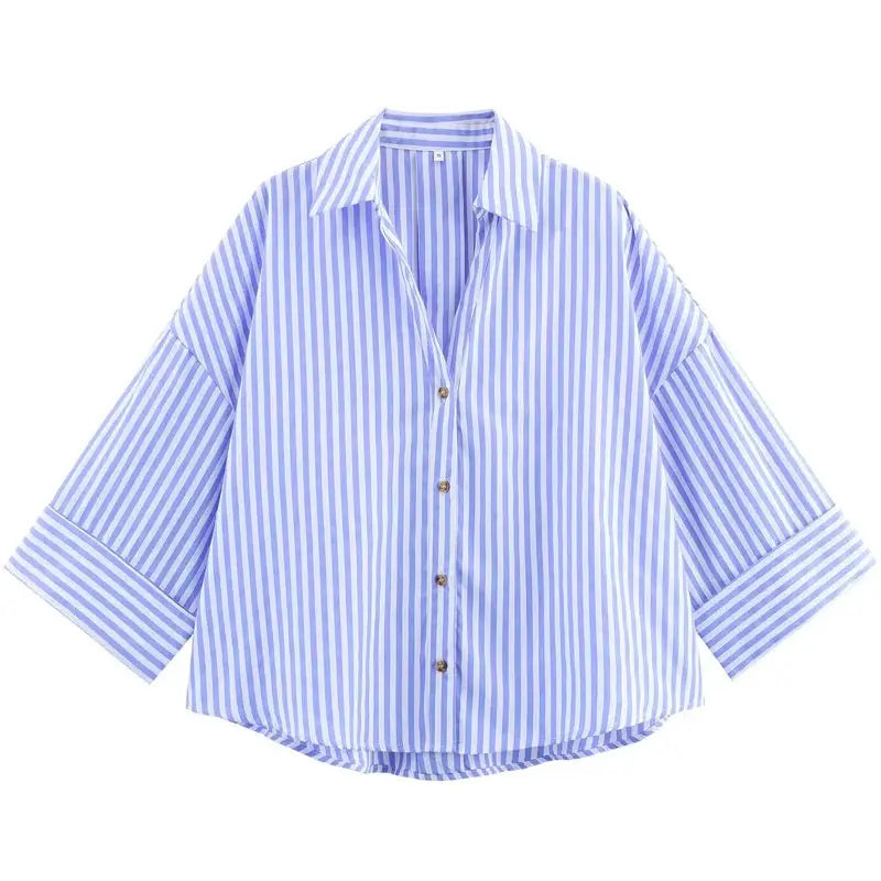 HXAO women's striped oversized shirt in blue and white with long sleeves, button-front blouse by Simples Market