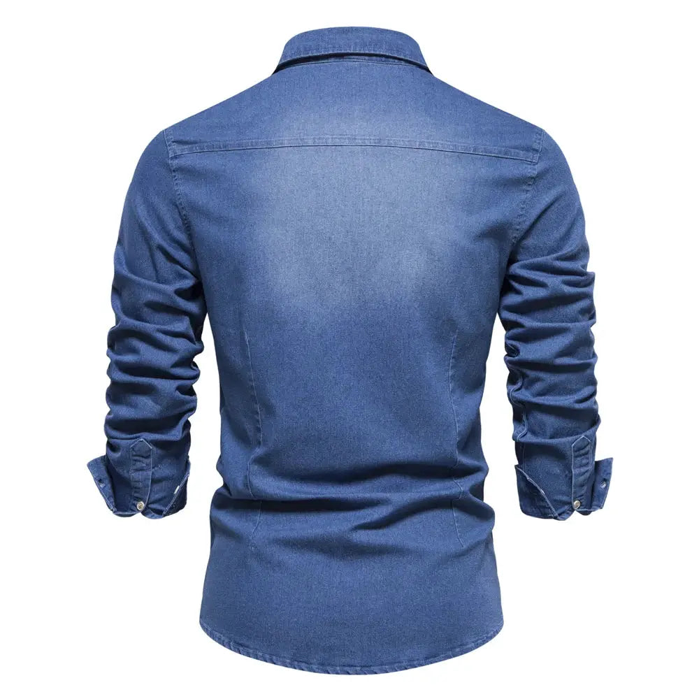 Men's blue denim shirt, long sleeves, slim-fit casual wear; back view.