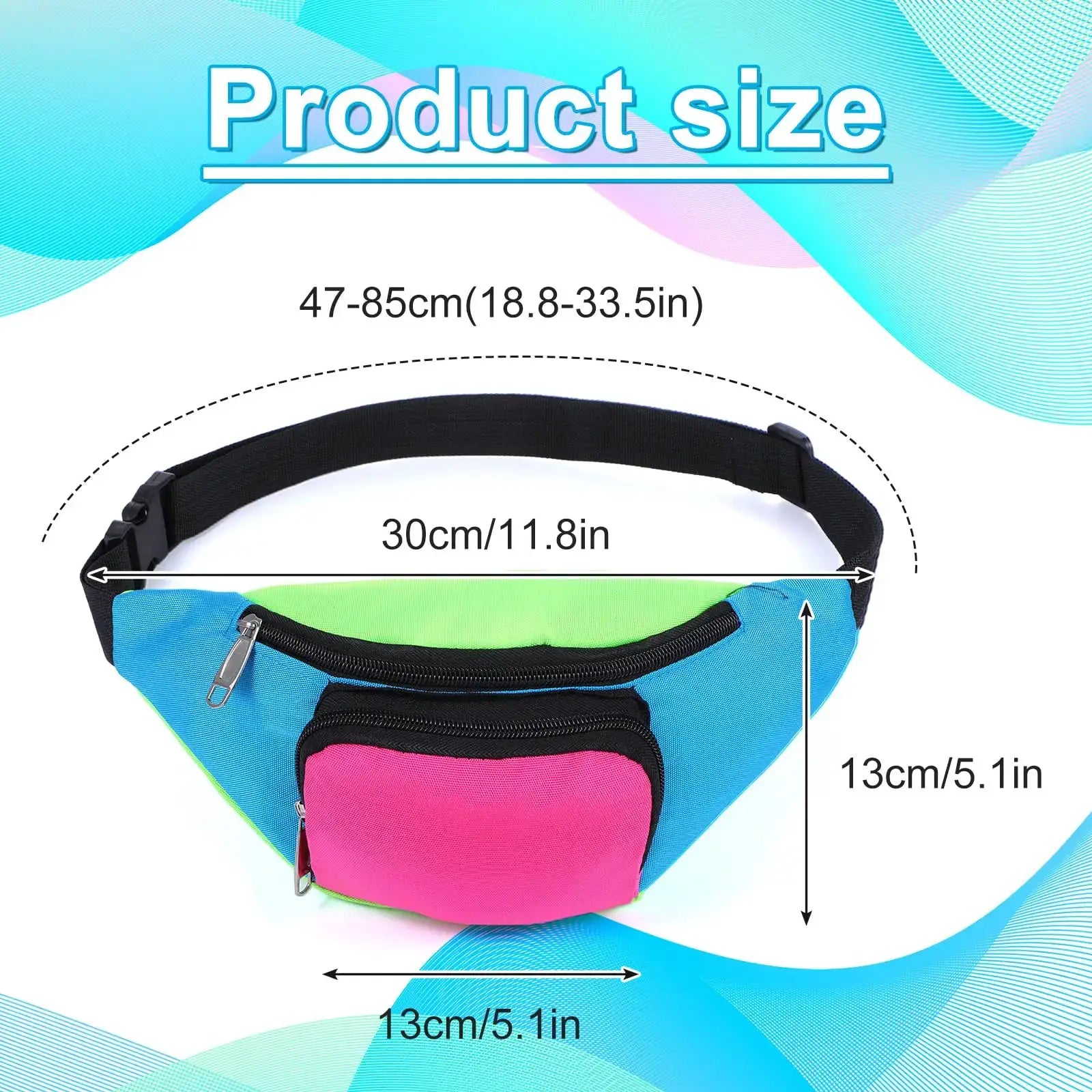 Fanny pack waist bag by Simples Market with blue, pink and lime-green panels and black adjustable strap