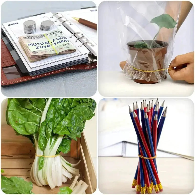 Simples Market yellow rubber bands set, 38mm diameter; 100/300/666 pcs, shown bundling money, plant, greens, pencils