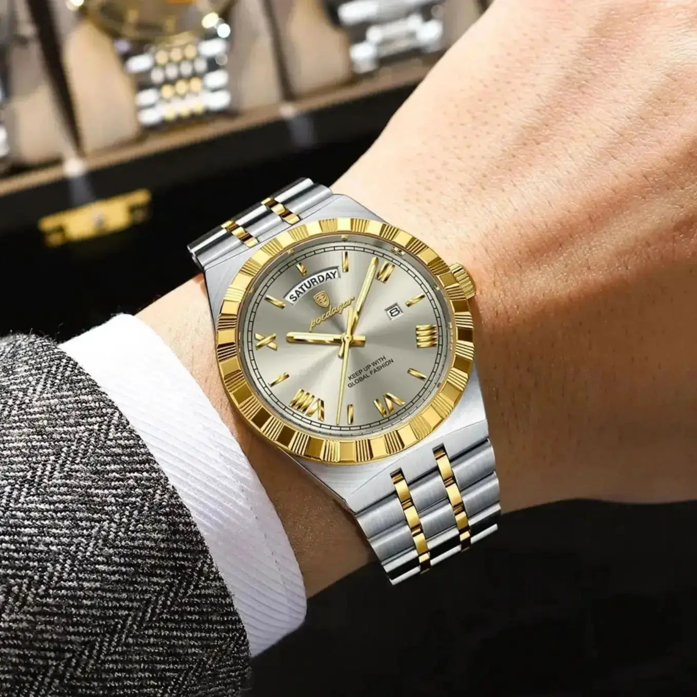 POEDAGAR two-tone stainless steel men's watch with gold bezel and day/date display