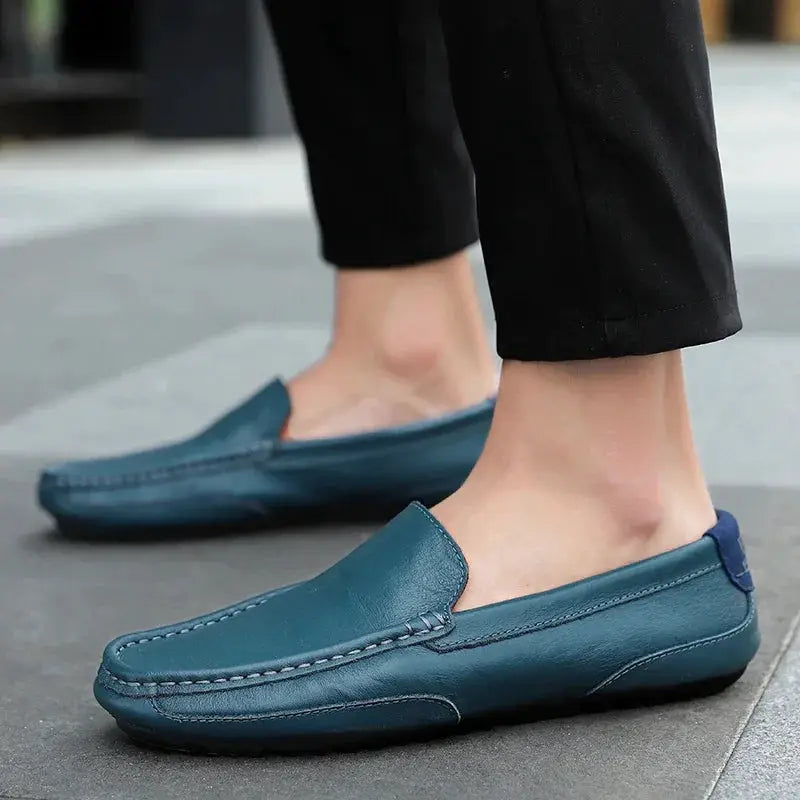 Pair of Simples Market teal blue genuine leather moccasin loafers for men, slip-on casual driving shoes