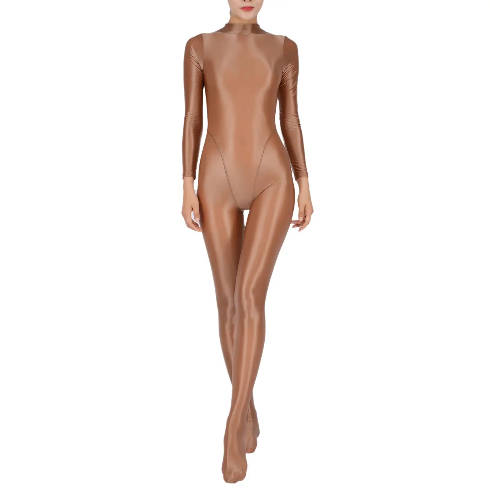 Women's full-body jumpsuit in metallic bronze with long sleeves and footed legs