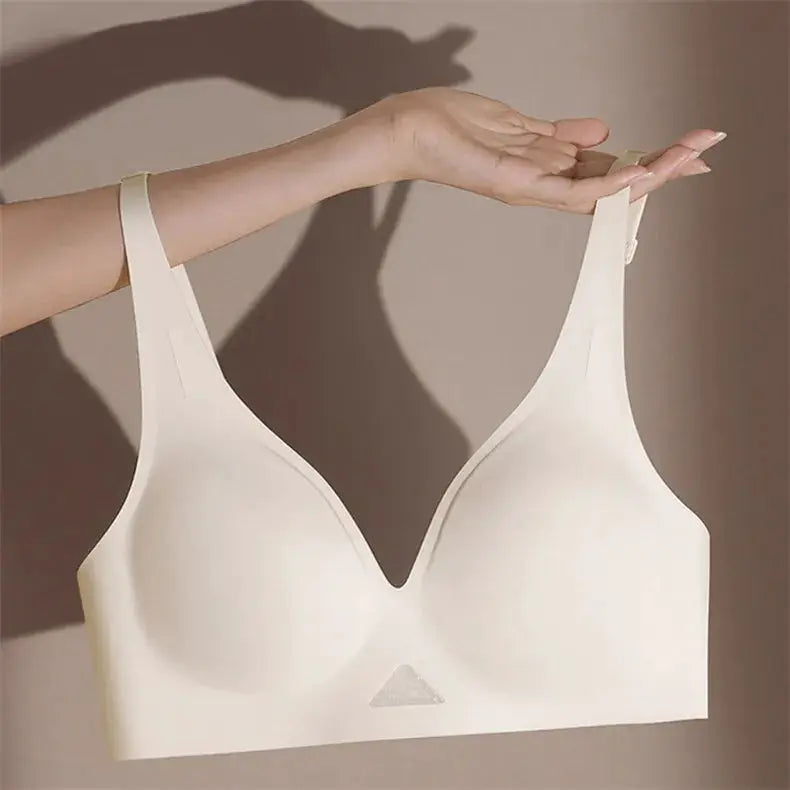 White seamless wire-free bralette with wide straps and V-neck cups