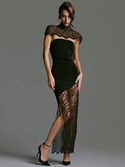 Blifanbo Lace Patchwork Shawl Dress Strapless See Through Split Skirt Evening Gown For Club Parties